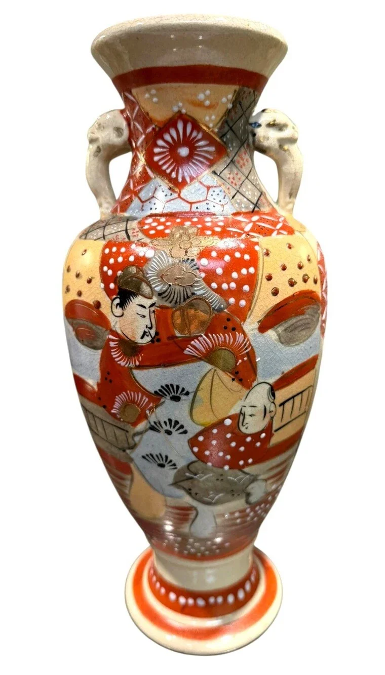 Antique Japanese Satsuma Moriage Figural Vase Elephant Handles 12